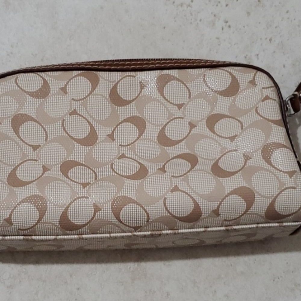 Coach Authentic Beige and Brown Monogram Makeup Leather Pouch